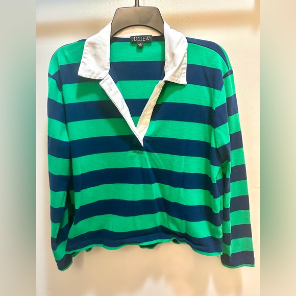 J. Crew Tops - J.Crew Relaxed Long Sleeve Rugby Shirt in Green and Navy Mariner Stripe Size M